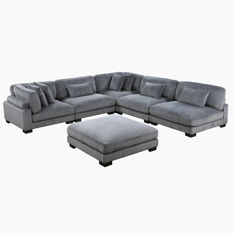 L Shape Sectional Sofa: 135”W Modern Corduroy Track Arm Modular Sectional Sofa(Gray Corduroy)