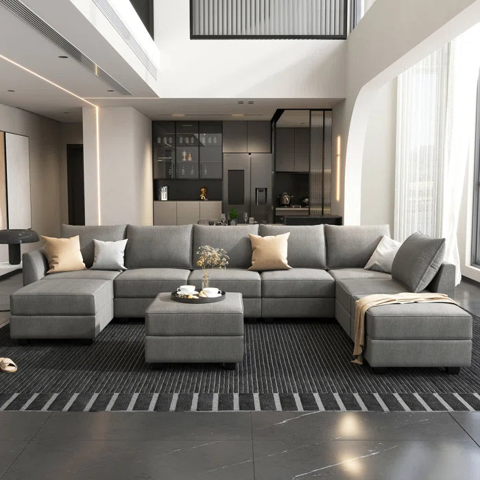 THE CASA ORO® U-shaped Grey Sectional Sofa with Chaise Modular Sectional Sofa(Gray Polyester)