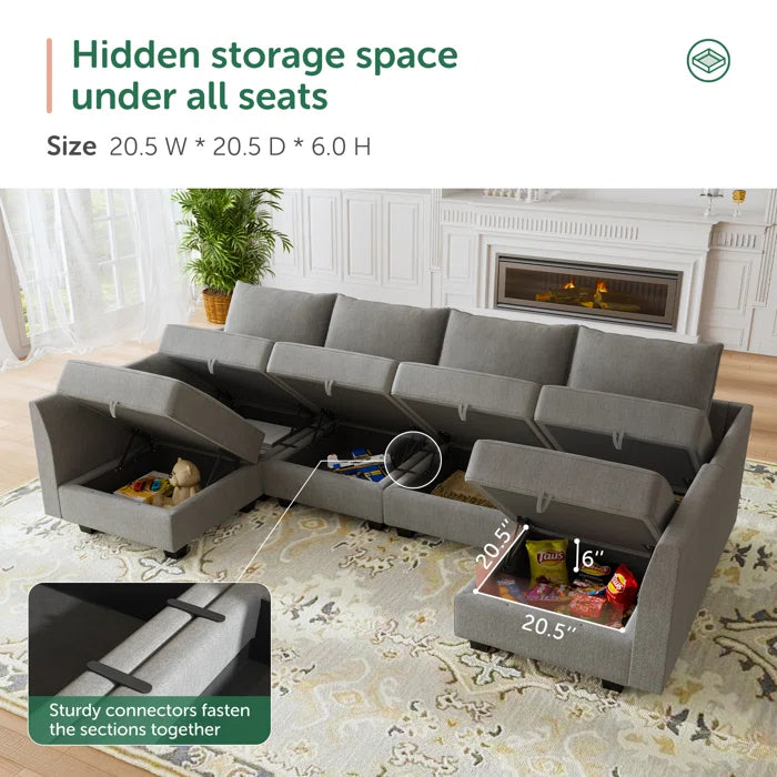THE CASA ORO® U-shaped Grey Sectional Sofa with Chaise Modular Sectional Sofa(Gray Polyester)