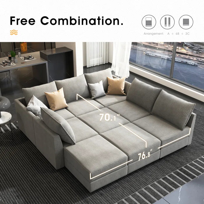 THE CASA ORO® U-shaped Grey Sectional Sofa with Chaise Modular Sectional Sofa(Gray Polyester)