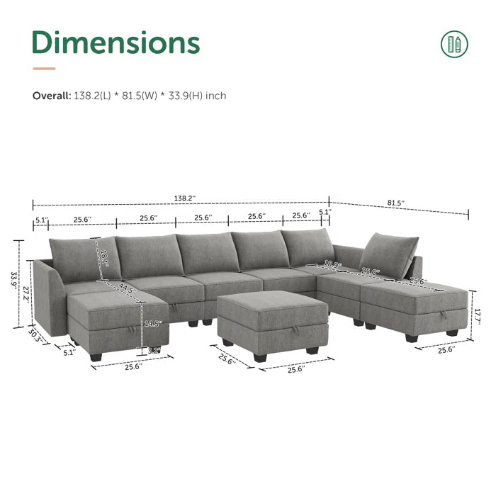 THE CASA ORO® U-shaped Grey Sectional Sofa with Chaise Modular Sectional Sofa(Gray Polyester)