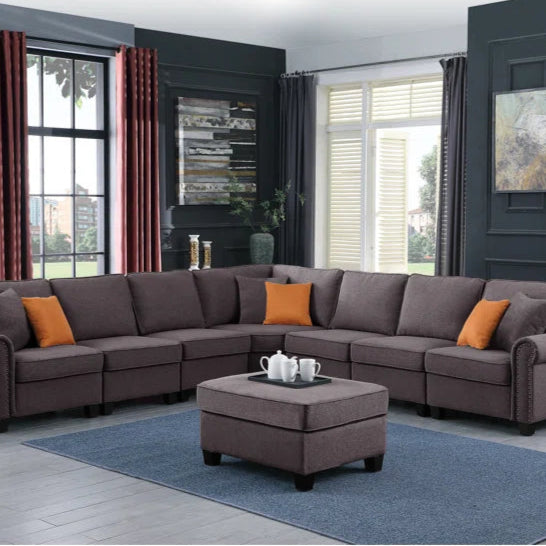 L Shape Sectional Sofa: 8 Piece Modular Corner Sectional with Ottoman (Gray Polyester Blend)