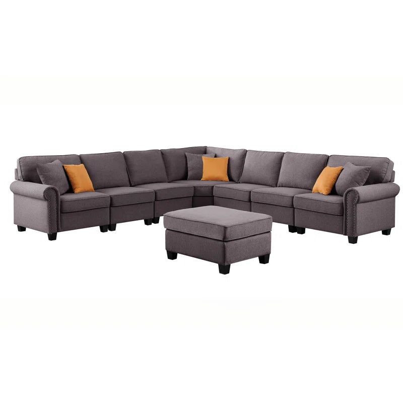 L Shape Sectional Sofa: 8 Piece Modular Corner Sectional with Ottoman (Gray Polyester Blend)