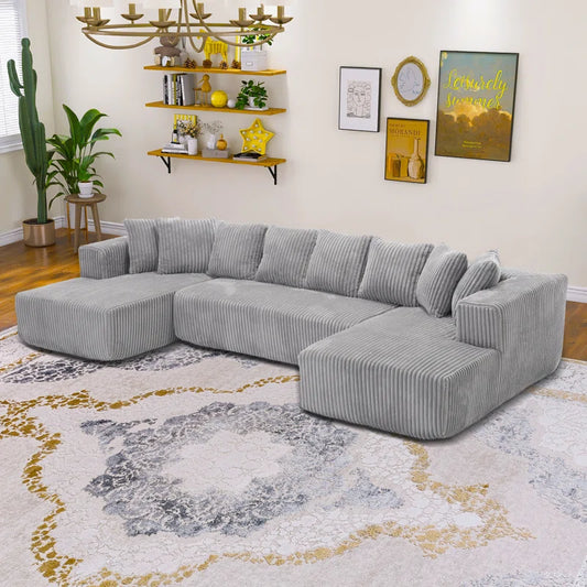 130.31"W Corduroy U-shaped Vacuumed Sectional Low Back Modular(Gray Corduroy)