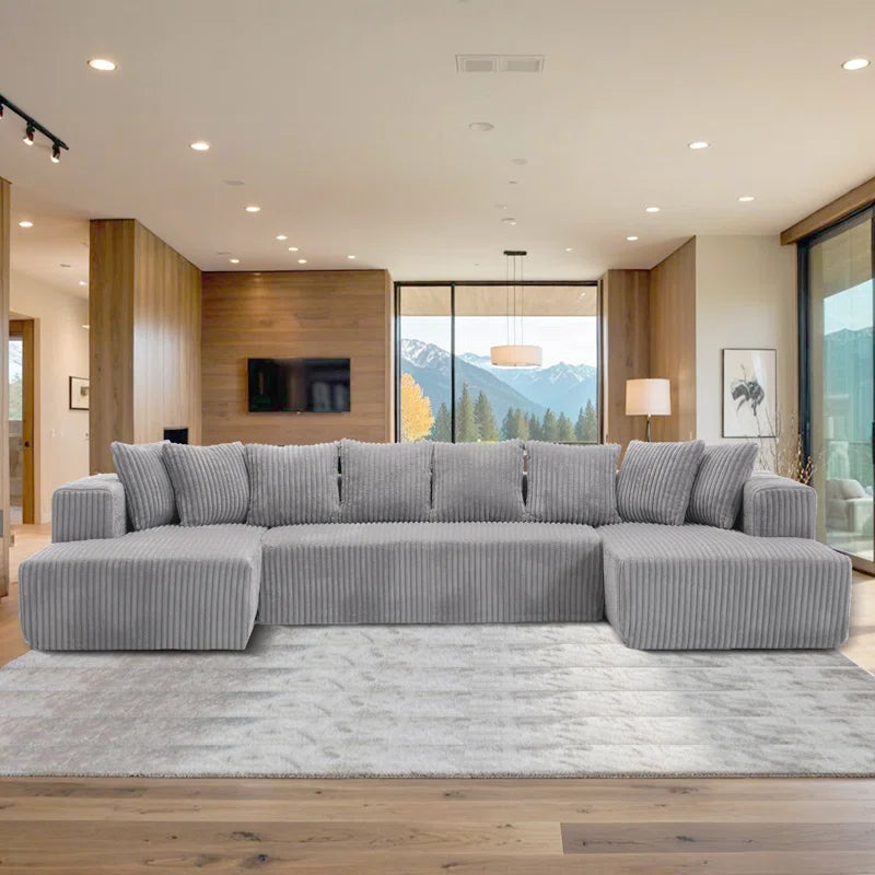 130.31"W Corduroy U-shaped Vacuumed Sectional Low Back Modular(Gray Corduroy)