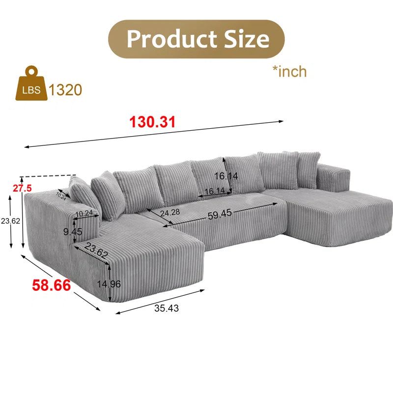 130.31"W Corduroy U-shaped Vacuumed Sectional Low Back Modular(Gray Corduroy)