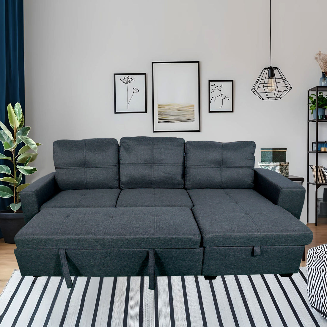 4 Seater Sofa Cum Bed, Black, with Mobile Charging Feature