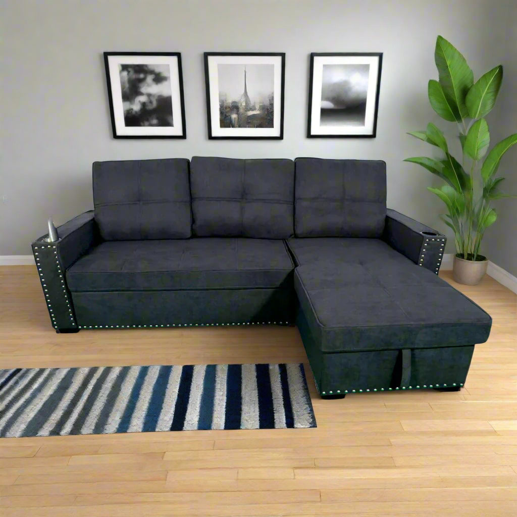 4 Seater Dark Grey Sofa Cum Bed with Bottle Holder