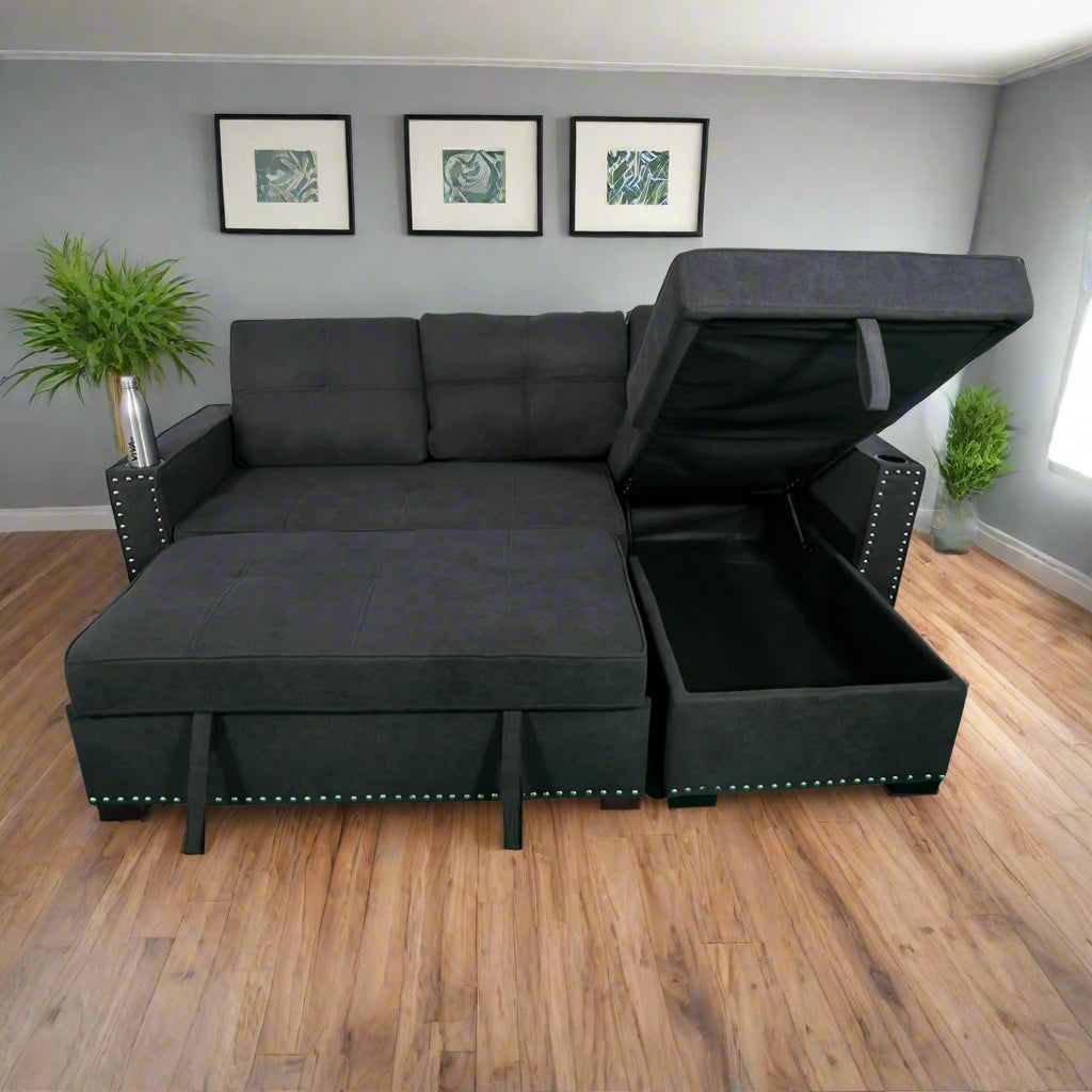 4 Seater Dark Grey Sofa Cum Bed with Bottle Holder