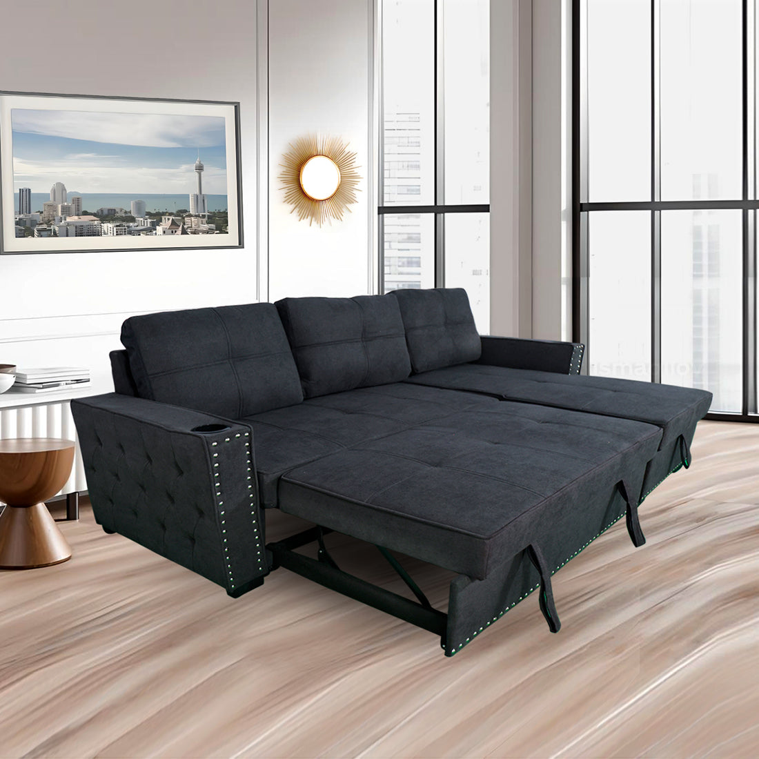 4 Seater Dark Grey Sofa Cum Bed with Bottle Holder