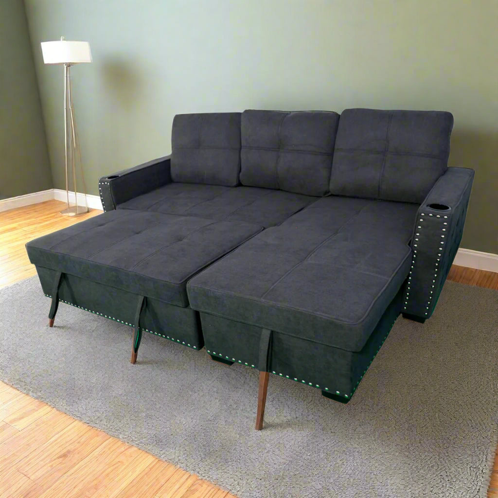 4 Seater Dark Grey Sofa Cum Bed with Bottle Holder