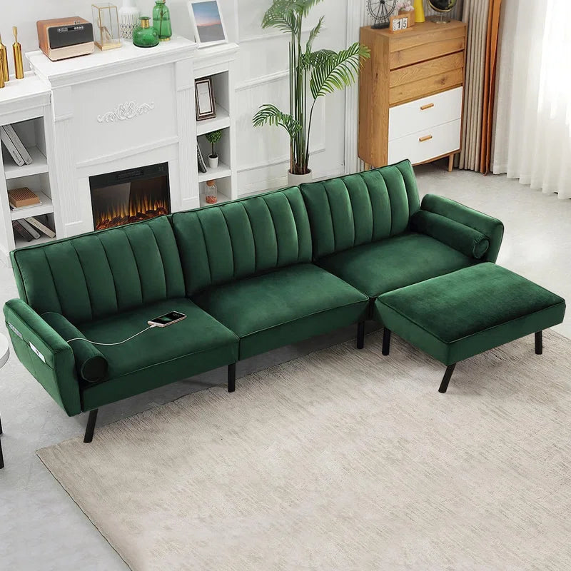 U-Shape Sofa Set: 107" L Shape Sectional Sofa Couch Velvet Sectional Convertible Sofa with Chaise(Green Velvet)