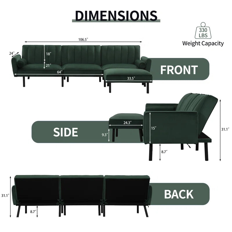U-Shape Sofa Set: 107" L Shape Sectional Sofa Couch Velvet Sectional Convertible Sofa with Chaise(Green Velvet)