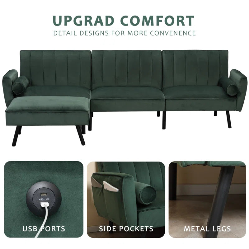 U-Shape Sofa Set: 107" L Shape Sectional Sofa Couch Velvet Sectional Convertible Sofa with Chaise(Green Velvet)