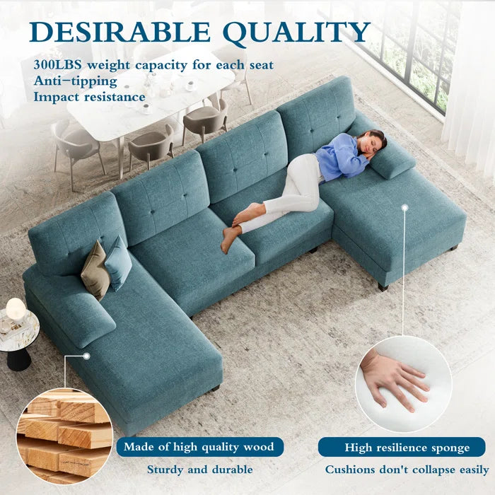 U- Shape Sectional Sofa: 106" Modular Upholstered Sectional 3-Piece Sectional for Living Room(Lack Blue Cotton Blend)