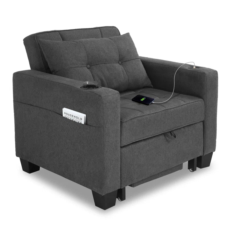 Sofa Chair: Latitude Run 39" Convertible Accent Chair 1 Pull Out Sleeper Futon Chair Beds with USB(Dark Gray Linen)