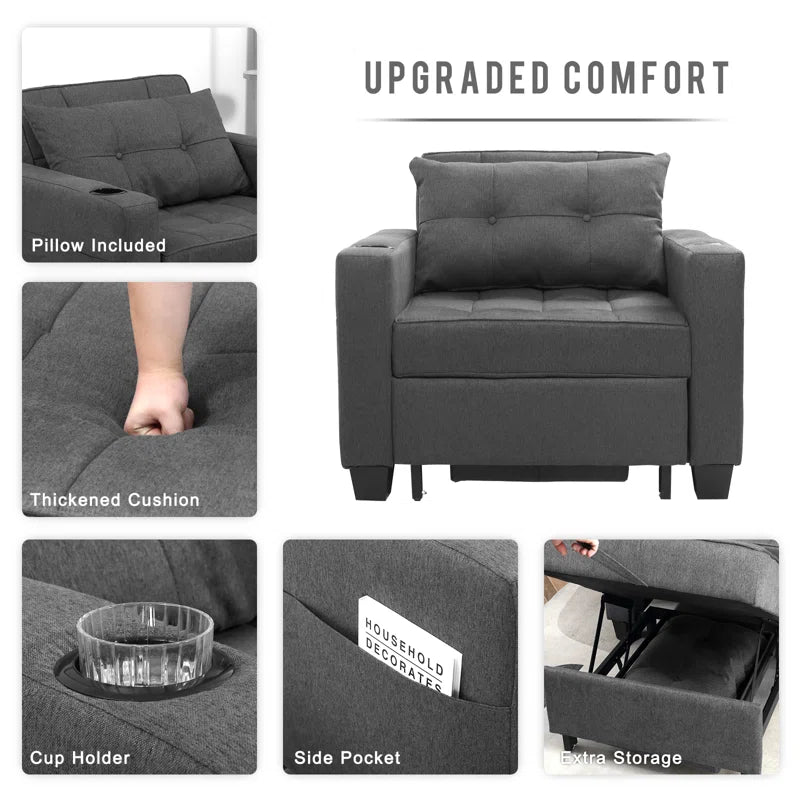 Sofa Chair: Latitude Run 39" Convertible Accent Chair 1 Pull Out Sleeper Futon Chair Beds with USB(Dark Gray Linen)