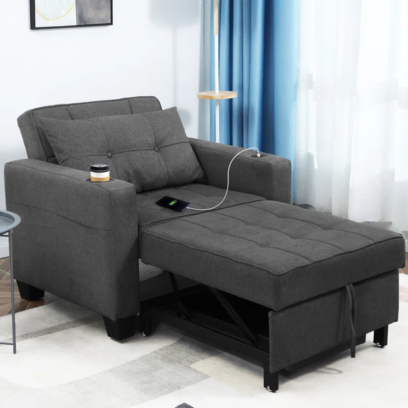 Sofa Chair: Latitude Run 39" Convertible Accent Chair 1 Pull Out Sleeper Futon Chair Beds with USB(Dark Gray Linen)