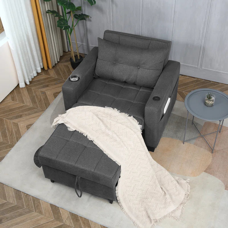 Sofa Chair: Latitude Run 39" Convertible Accent Chair 1 Pull Out Sleeper Futon Chair Beds with USB(Dark Gray Linen)