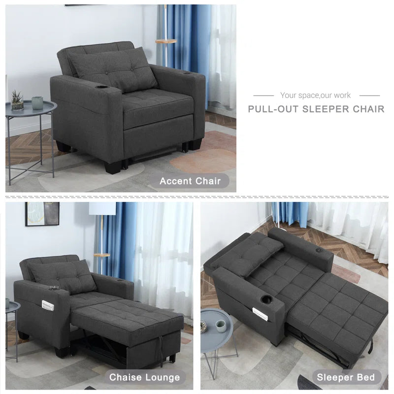 Sofa Chair: Latitude Run 39" Convertible Accent Chair 1 Pull Out Sleeper Futon Chair Beds with USB(Dark Gray Linen)