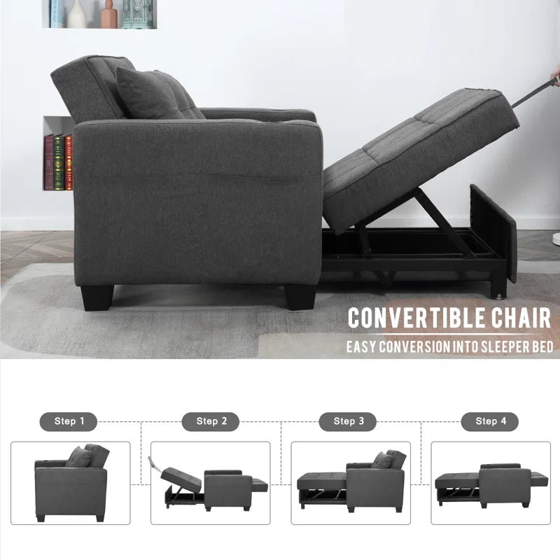 Sofa Chair: Latitude Run 39" Convertible Accent Chair 1 Pull Out Sleeper Futon Chair Beds with USB(Dark Gray Linen)