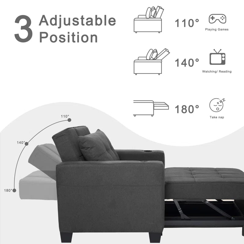 Sofa Chair: Latitude Run 39" Convertible Accent Chair 1 Pull Out Sleeper Futon Chair Beds with USB(Dark Gray Linen)