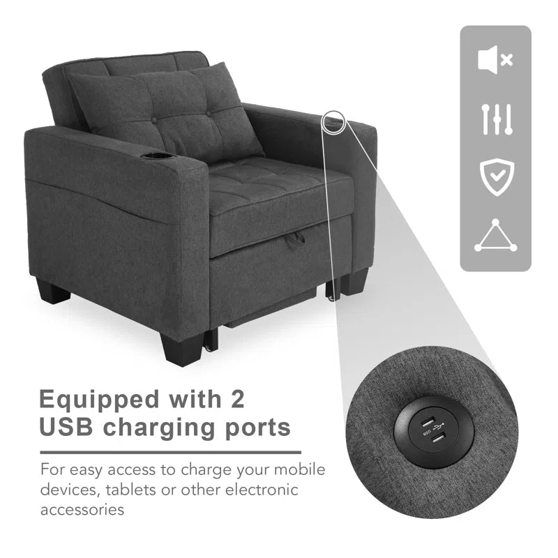 Sofa Chair: Latitude Run 39" Convertible Accent Chair 1 Pull Out Sleeper Futon Chair Beds with USB(Dark Gray Linen)