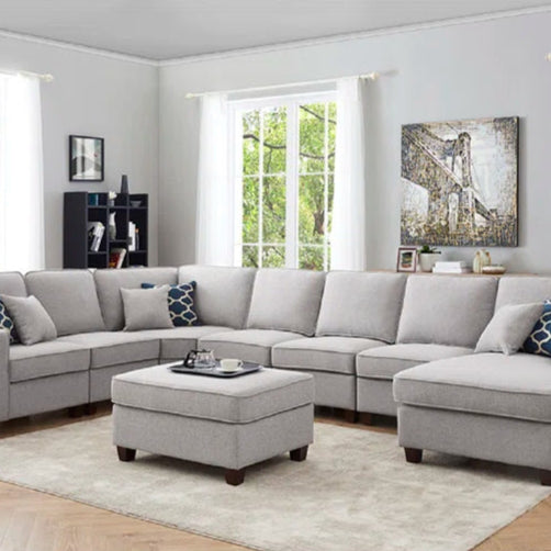 L Shape Sectional Sofa: 149.5" Wide Right Hand Facing Modular Corner Sectional with Ottoman(Light Gray Polyester Blend)