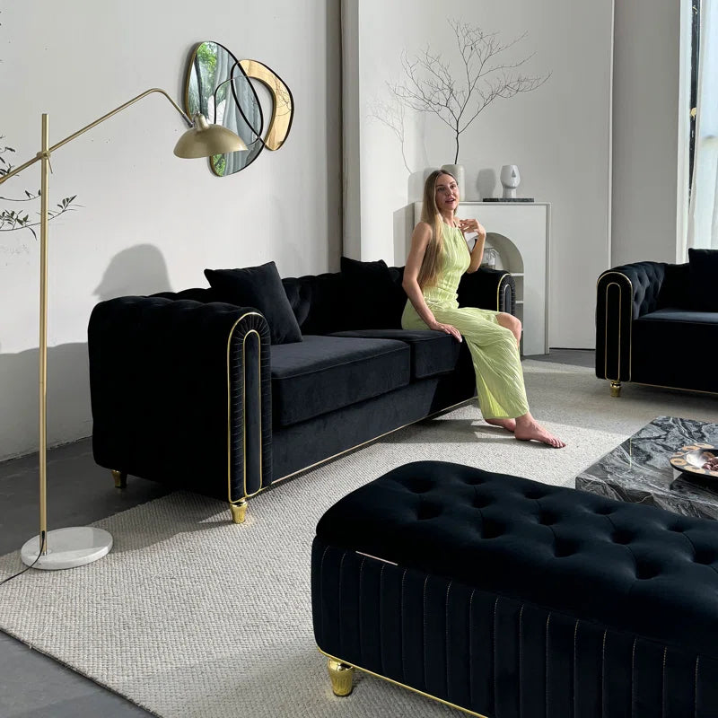THE CASA ORO® Designer Sofa Set: 86" Wide Luxury Modern Tufted Sofa for Living Room(Black)