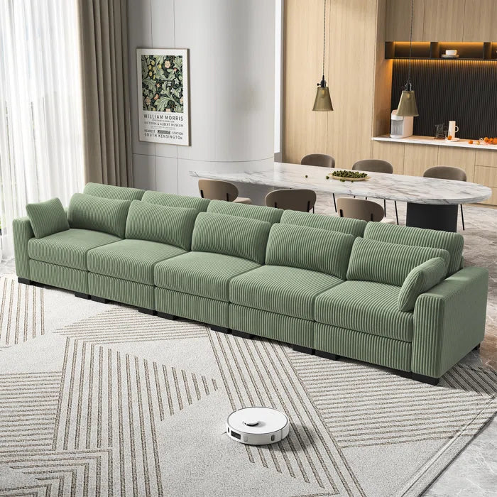 5 Seater Sofa: Luxury Upholstery Sofa With Lumbar Pillows, Corduroy Sofa Collection(Green)