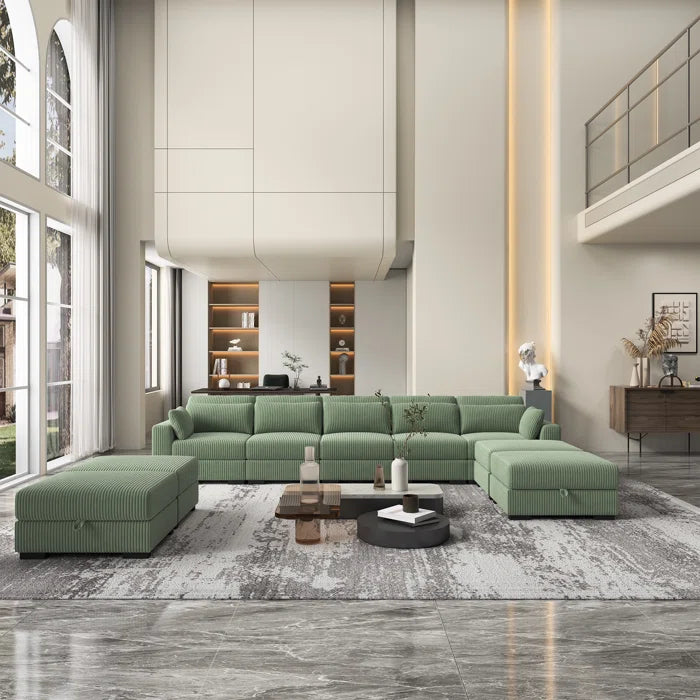 5 Seater Sofa: Luxury Upholstery Sofa With Lumbar Pillows, Corduroy Sofa Collection(Green)