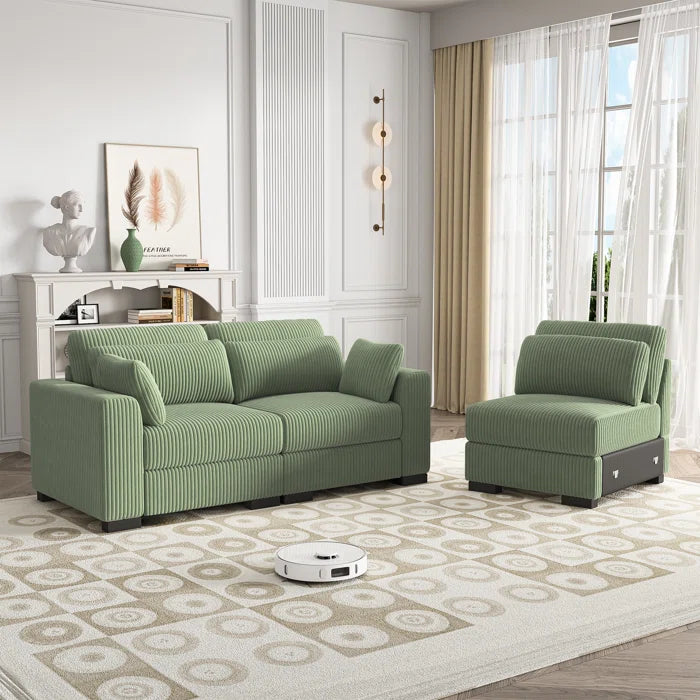 5 Seater Sofa: Luxury Upholstery Sofa With Lumbar Pillows, Corduroy Sofa Collection(Green)