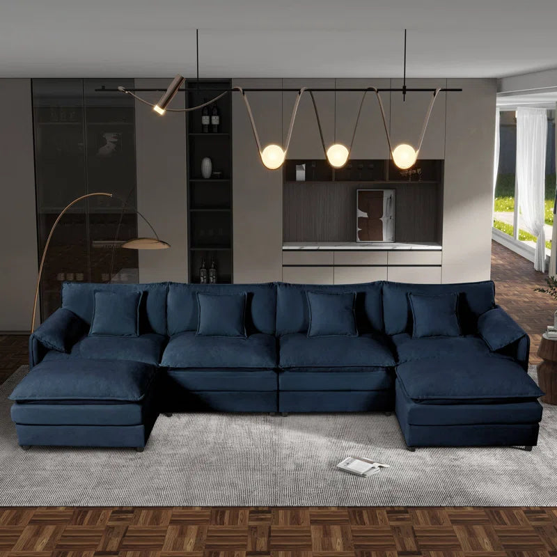 THE CASA ORO® U-Shape Shape Sofa: Modern Chenille Comfy Deep Seat Modular Sectional Sofa Upholstered Cloud Couch(Blue Chenille)