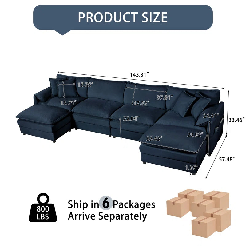 THE CASA ORO® U-Shape Shape Sofa: Modern Chenille Comfy Deep Seat Modular Sectional Sofa Upholstered Cloud Couch(Blue Chenille)