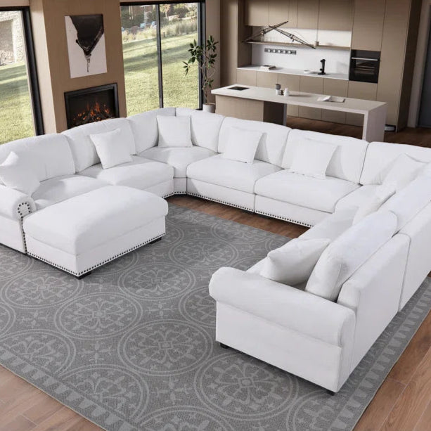 9 Seater Sofa: Modern Fabric Sofa Reversible 9 Seater Corner Sectional with Movable Ottoman(White Polyester)
