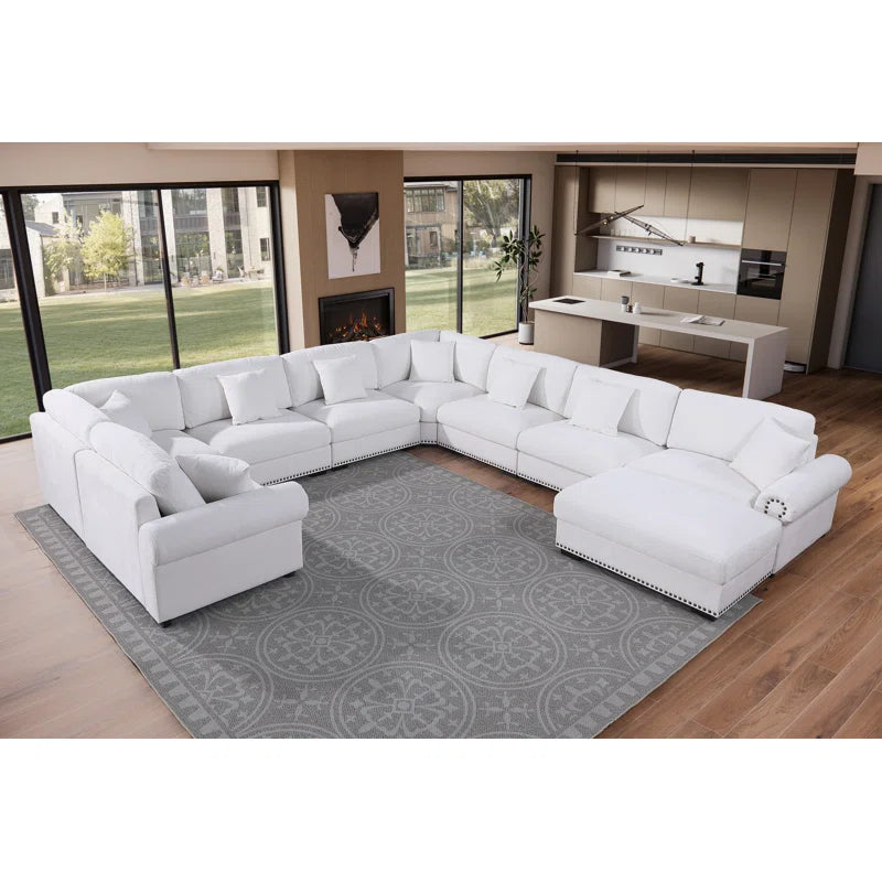 9 Seater Sofa: Modern Fabric Sofa Reversible 9 Seater Corner Sectional with Movable Ottoman(White Polyester)
