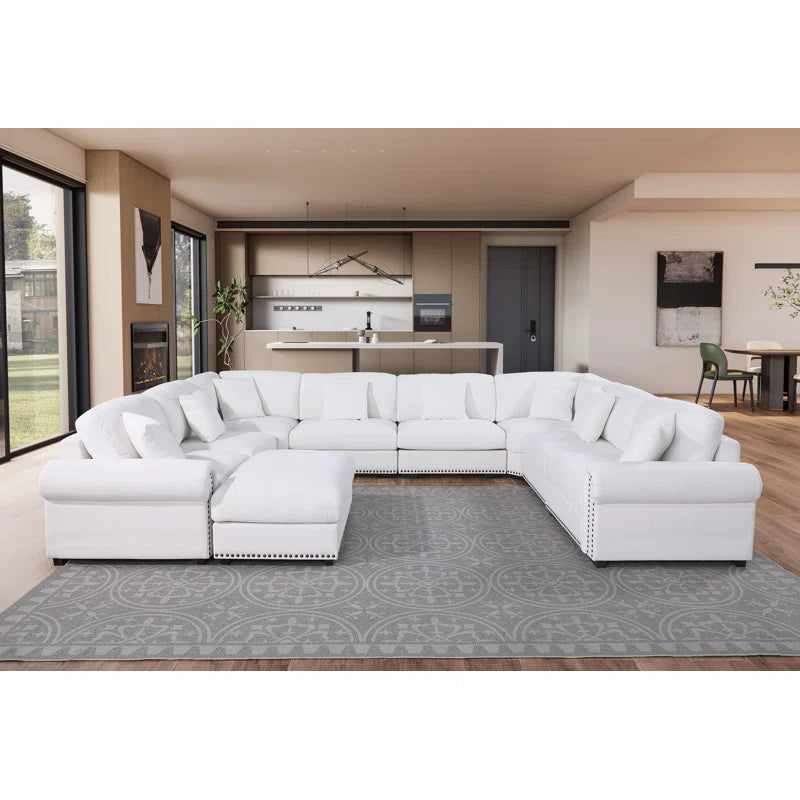 9 Seater Sofa: Modern Fabric Sofa Reversible 9 Seater Corner Sectional with Movable Ottoman(White Polyester)