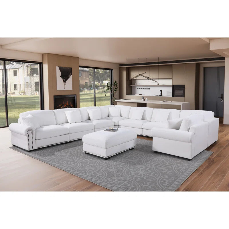 9 Seater Sofa: Modern Fabric Sofa Reversible 9 Seater Corner Sectional with Movable Ottoman(White Polyester)