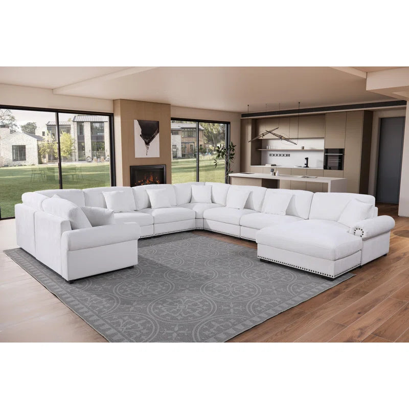 9 Seater Sofa: Modern Fabric Sofa Reversible 9 Seater Corner Sectional with Movable Ottoman(White Polyester)