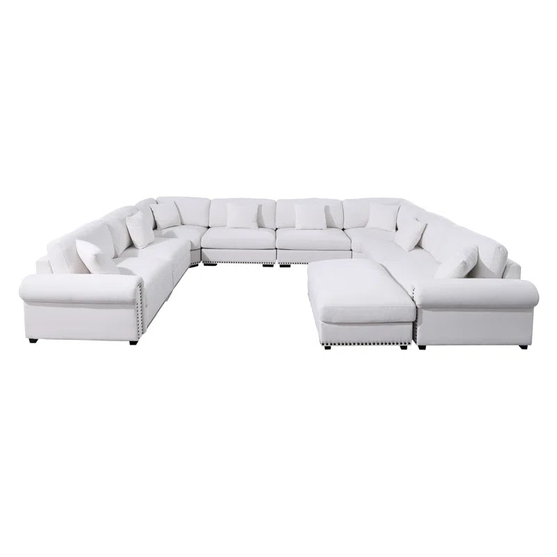 9 Seater Sofa: Modern Fabric Sofa Reversible 9 Seater Corner Sectional with Movable Ottoman(White Polyester)