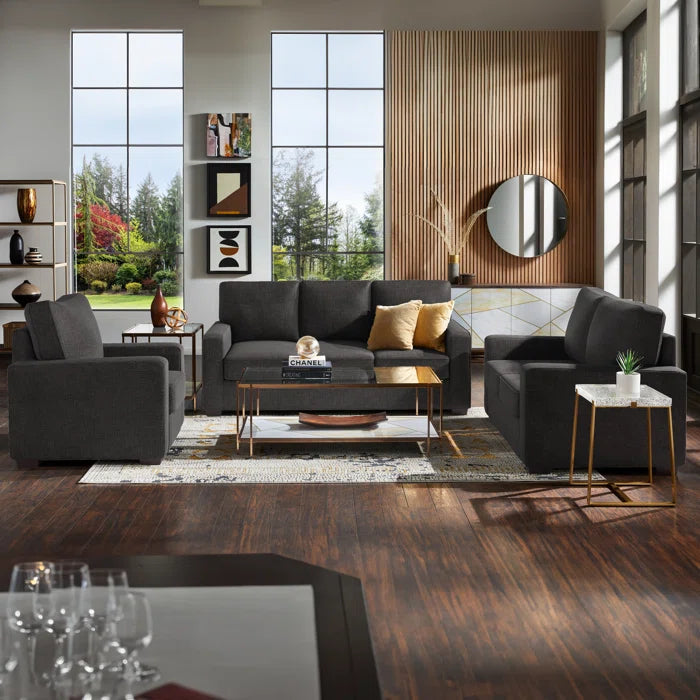 THE CASA ORO® Designer Sofa Set: Modern Fabric Upholstered Square Arm Sofa Set - Living Room Chair, Loveseat And Sofa(Black Woven)