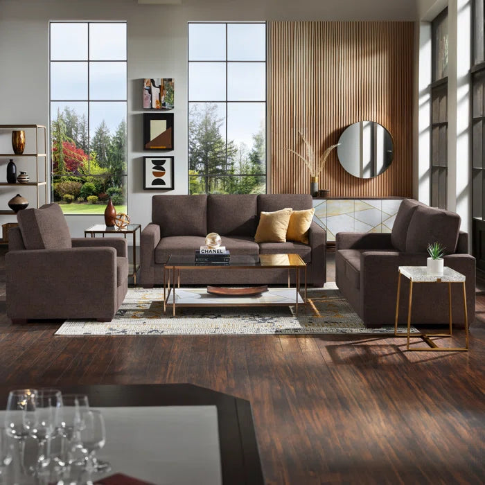 Modern Sofa Set: Modern Fabric Upholstered Square Arm Sofa Set - Living Room Chair, Loveseat And Sofa(Brown Chenille)