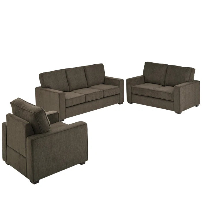 Modern Sofa Set: Modern Fabric Upholstered Square Arm Sofa Set - Living Room Chair, Loveseat And Sofa(Brown Chenille)