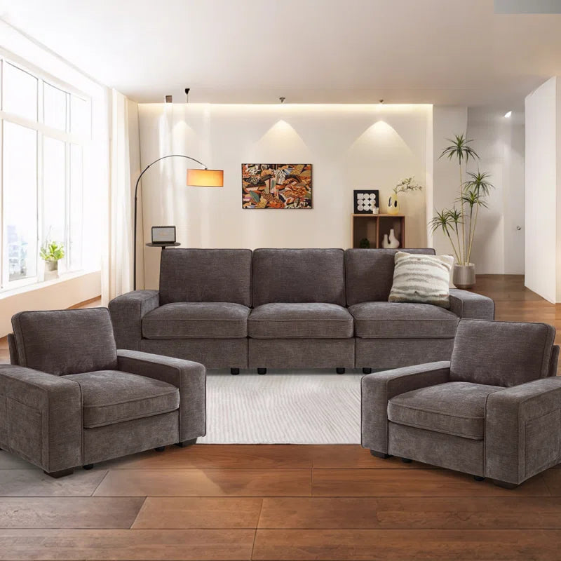 5 Seater Sofa: Modern Modular Sectional Sofa Set of 5 Seater Chenille Couch with Storage Space and USB Port for Living Room(Dark Grey Chenille)