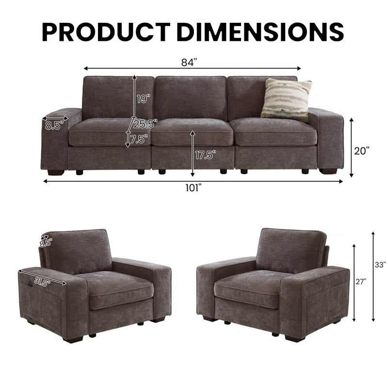 5 Seater Sofa: Modern Modular Sectional Sofa Set of 5 Seater Chenille Couch with Storage Space and USB Port for Living Room(Dark Grey Chenille)