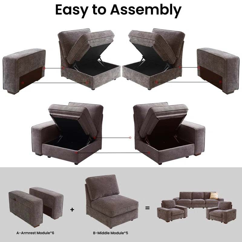 5 Seater Sofa: Modern Modular Sectional Sofa Set of 5 Seater Chenille Couch with Storage Space and USB Port for Living Room(Dark Grey Chenille)