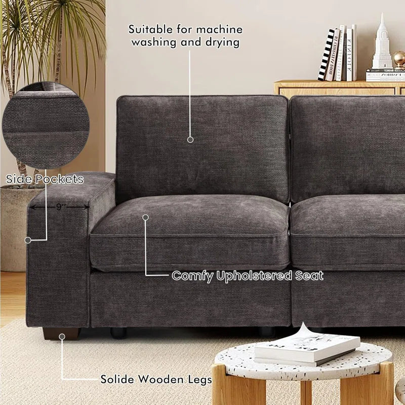 5 Seater Sofa: Modern Modular Sectional Sofa Set of 5 Seater Chenille Couch with Storage Space and USB Port for Living Room(Dark Grey Chenille)