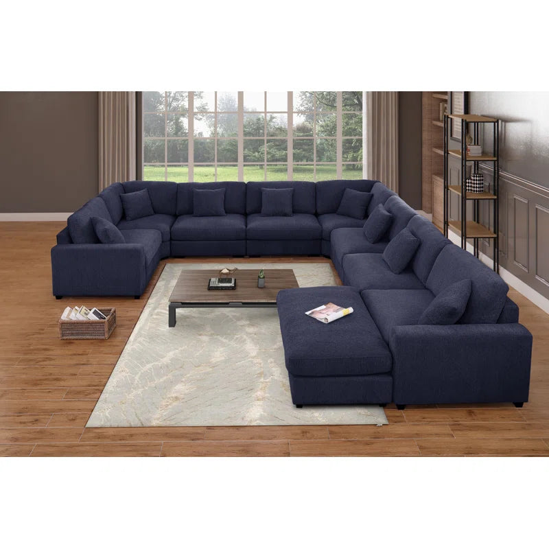 U-Shape Sectional Sofa: Modular 12-piece Oversized 9-seater Corner Sectional Sofa(Blue Polyester)