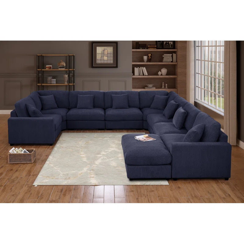 U-Shape Sectional Sofa: Modular 12-piece Oversized 9-seater Corner Sectional Sofa(Blue Polyester)