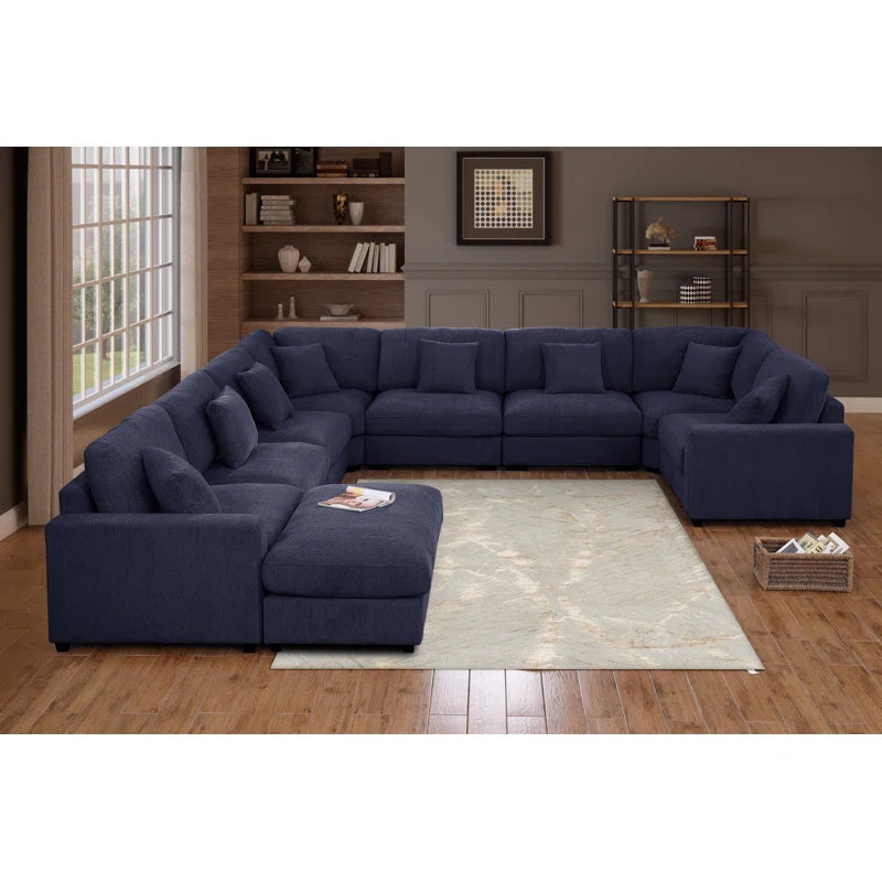 U-Shape Sectional Sofa: Modular 12-piece Oversized 9-seater Corner Sectional Sofa(Blue Polyester)